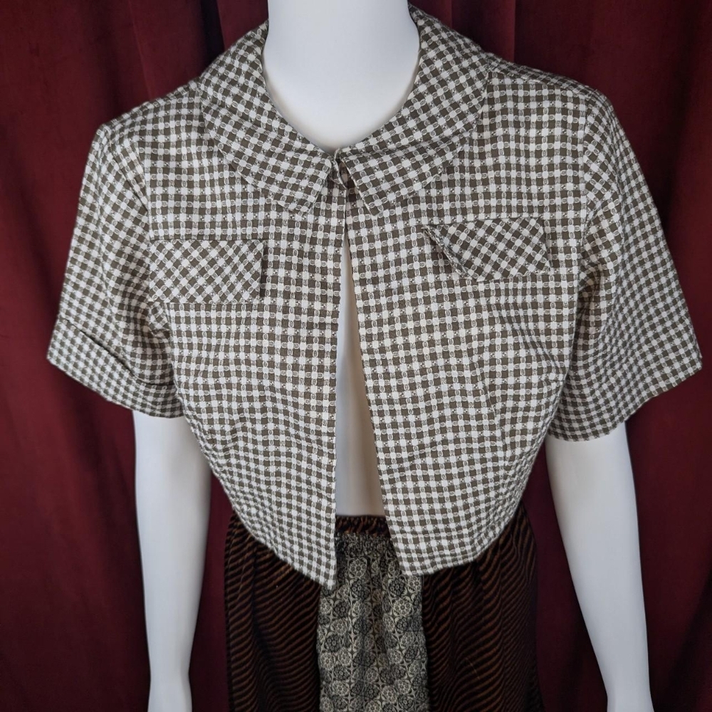 True Vintage 50's Jane Hunter Brown & White Gingham Short Sleeve Bolero - Picture 5 of 7